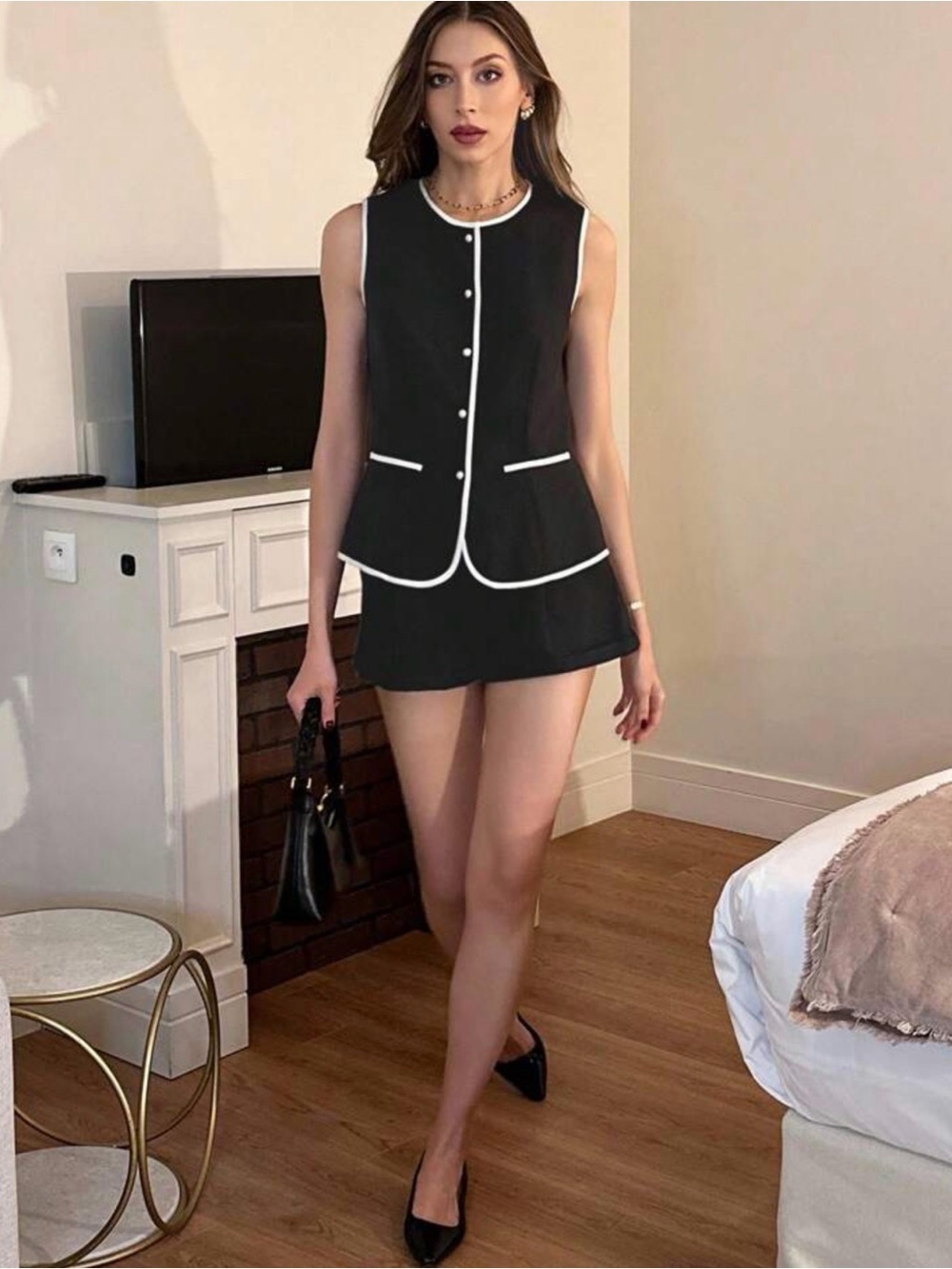 SHEIN Black and White Contrast Trim Two-Piece Set